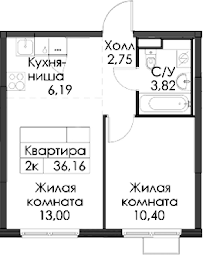 1-комнатная квартира 36.16 м², 12/12 эт., ЖК «Таллинский парк»